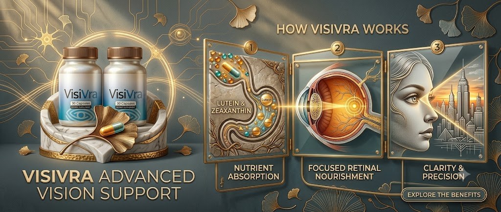 How Visivra works: nutrient absorption, focused retinal nourishment, clarity and precision illustration